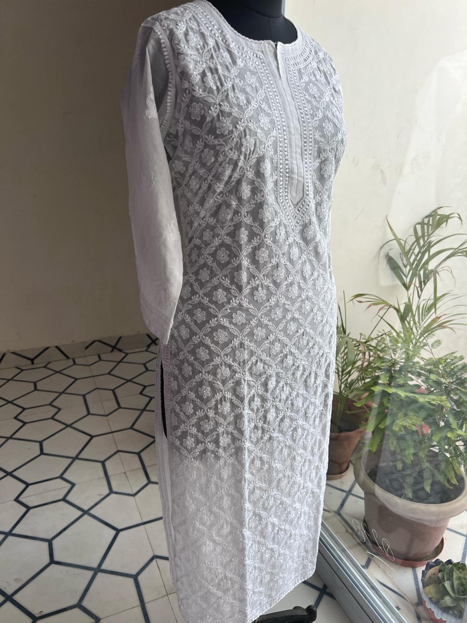 Pristine White Cotton Jaalwork Kurta