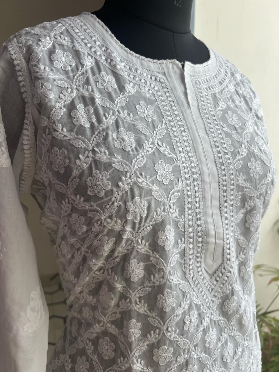 Pristine White Cotton Jaalwork Kurta