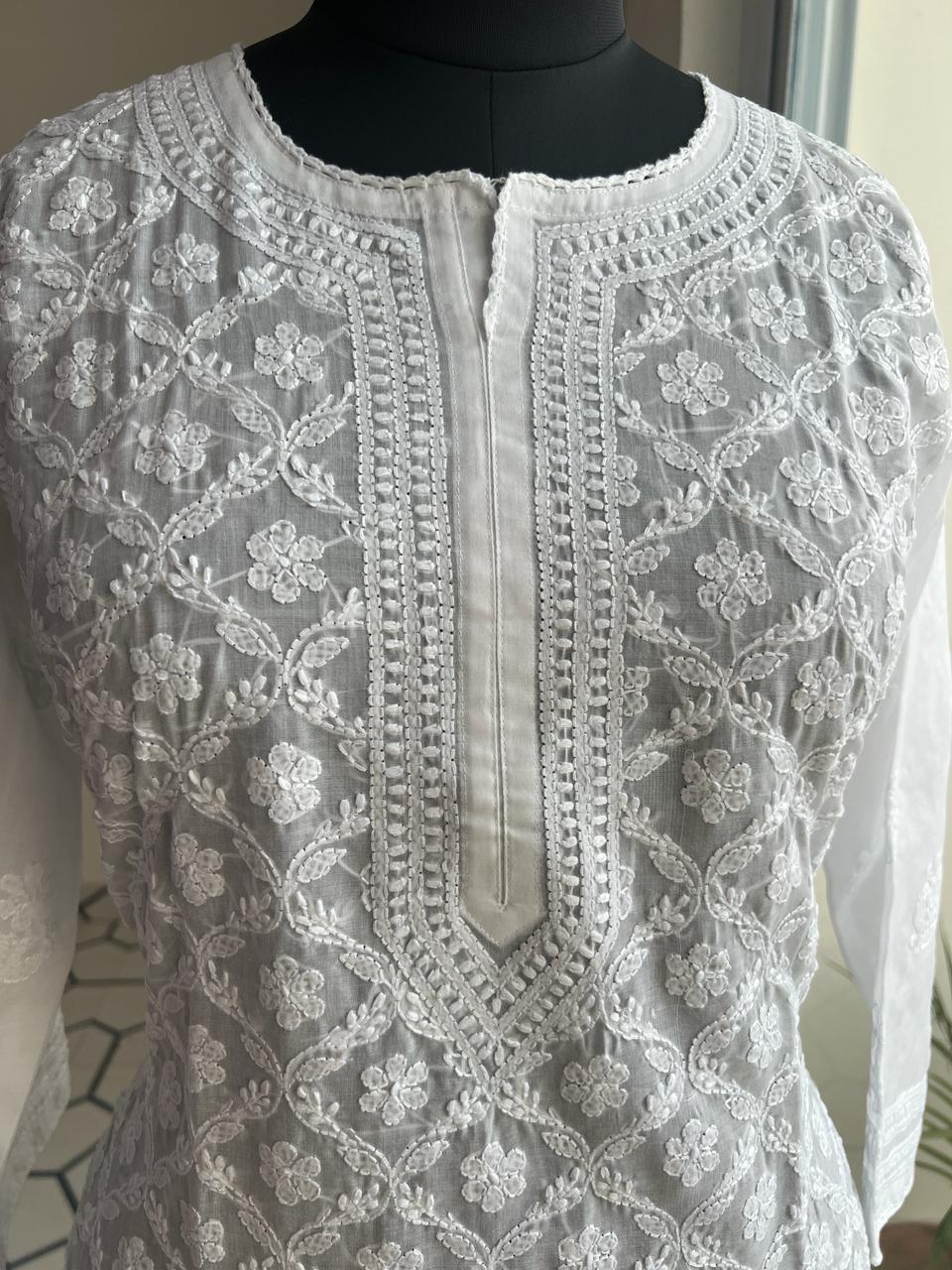 Pristine White Cotton Jaalwork Kurta