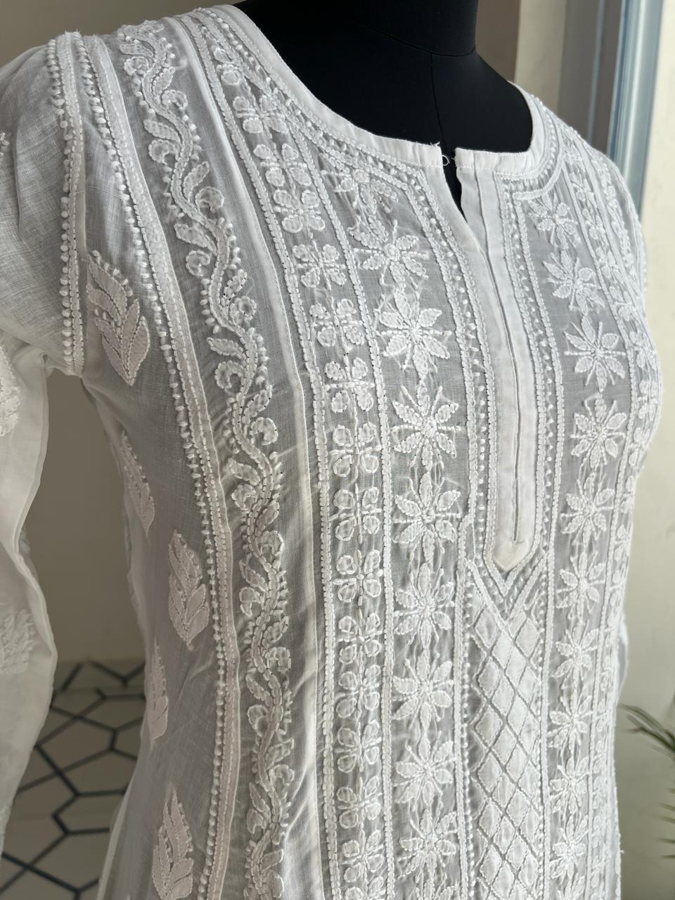 White All over embroidered Long Anarkali