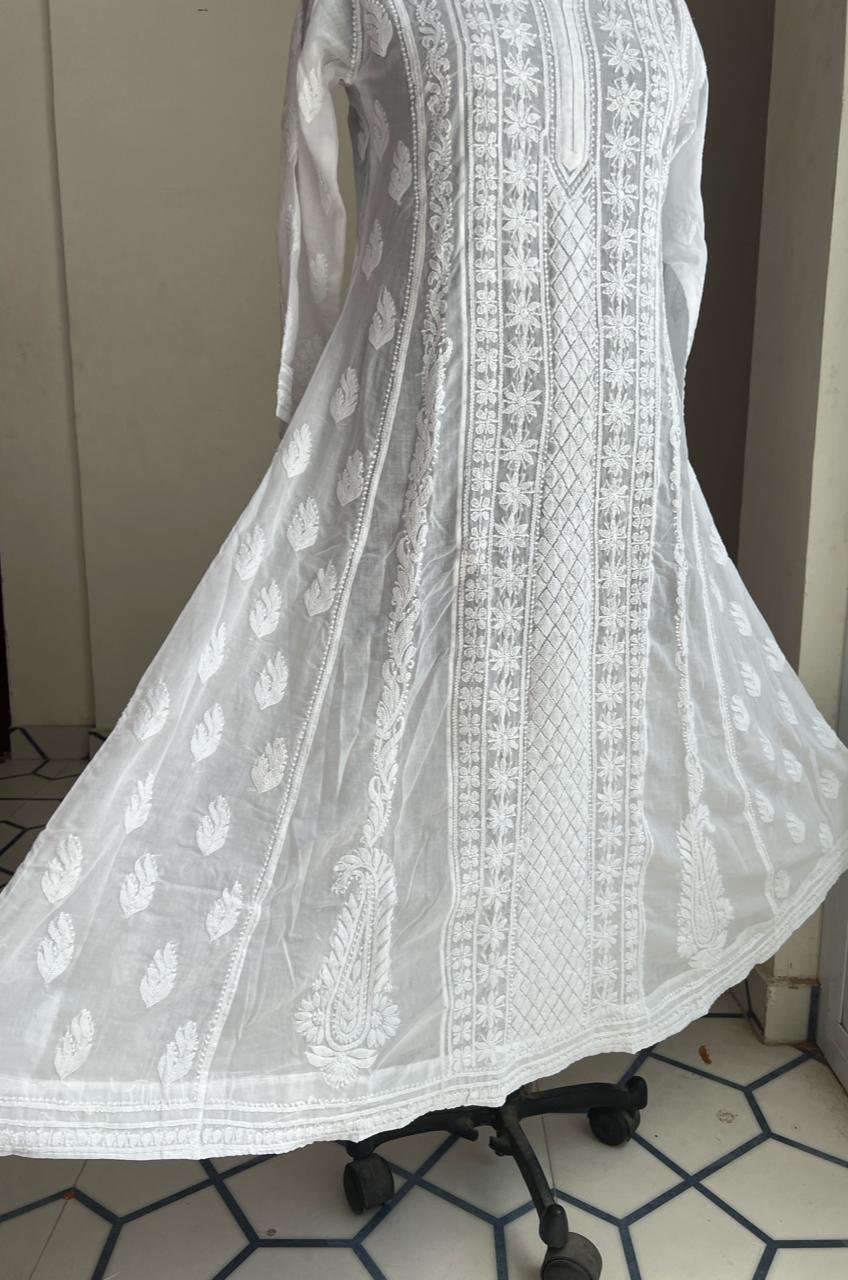 White All over embroidered Long Anarkali