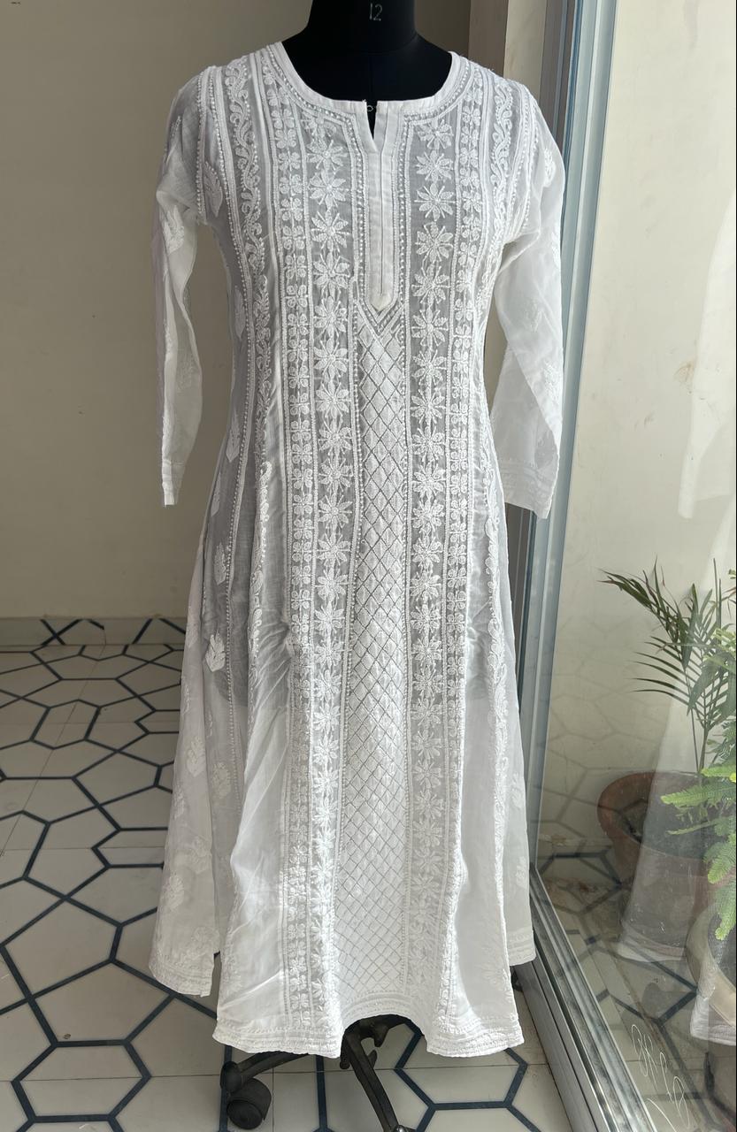 White All over embroidered Long Anarkali