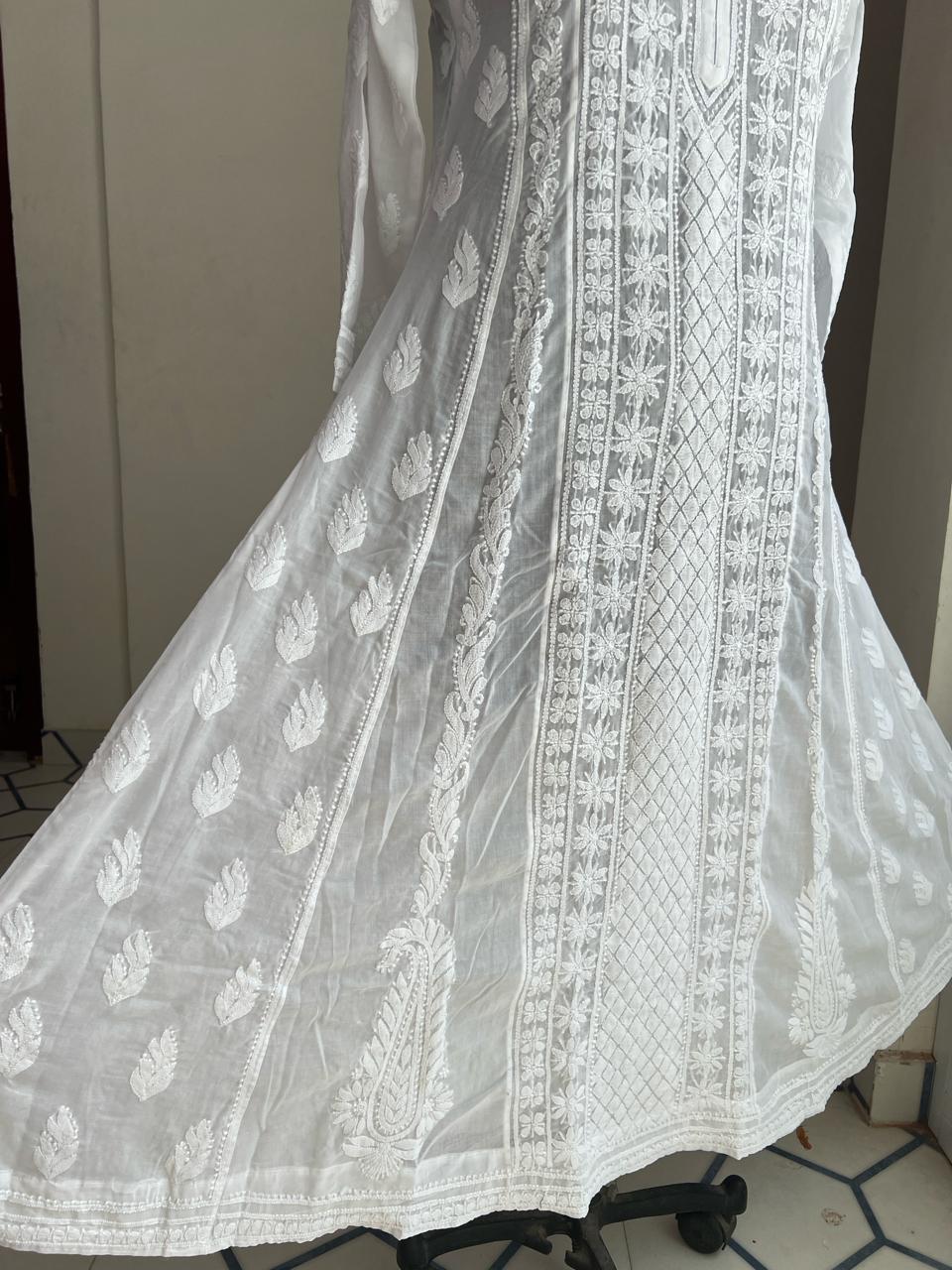 White All over embroidered Long Anarkali