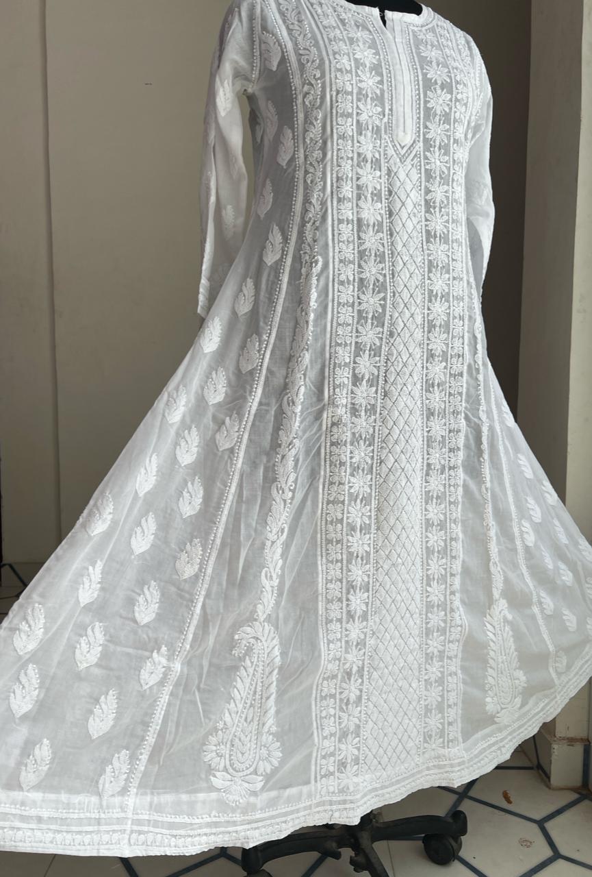 White All over embroidered Long Anarkali
