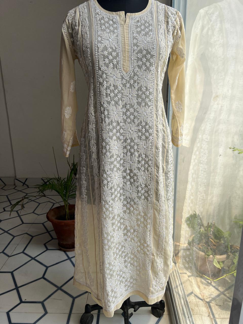 Beige Cotton A line anarkali