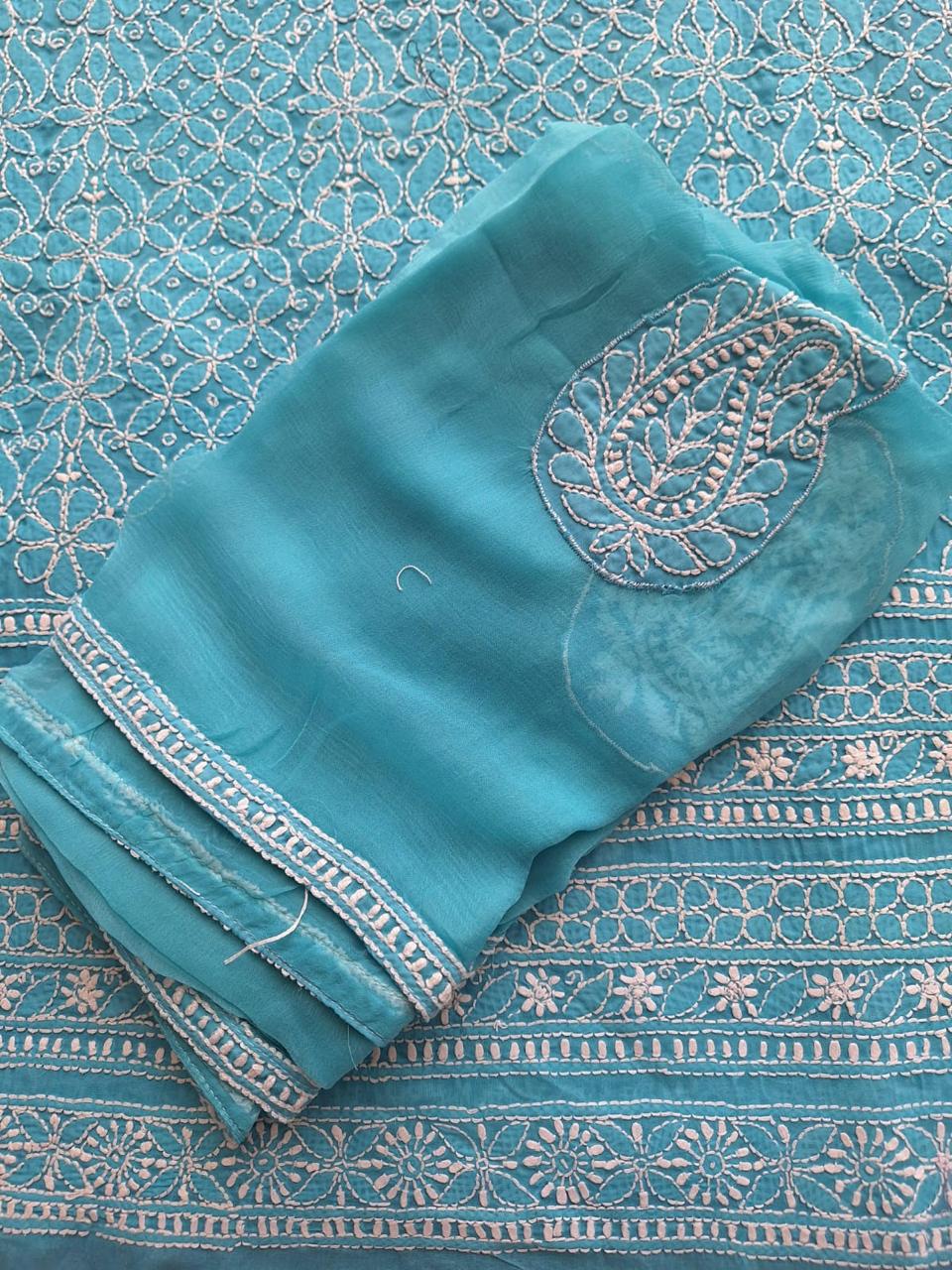 Firozi Blue Cotton Unstitched full set with Intricate work