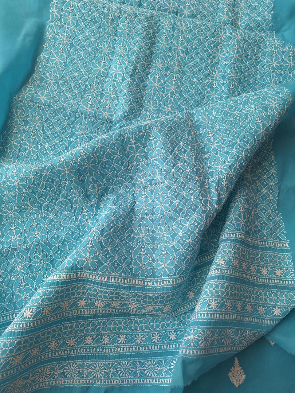 Firozi Blue Cotton Unstitched full set with Intricate work