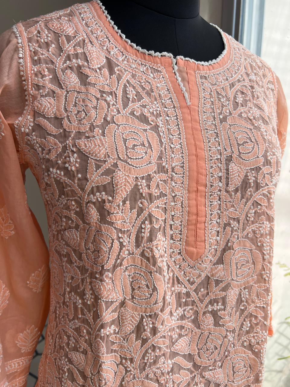 Peach Cotton Rose Kurti