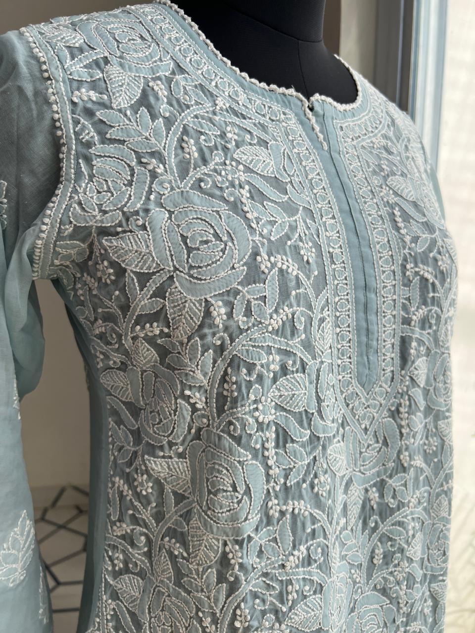 Grey Cotton Rose Jaal kurti