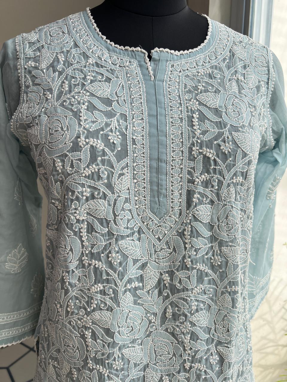 Grey Cotton Rose Jaal kurti