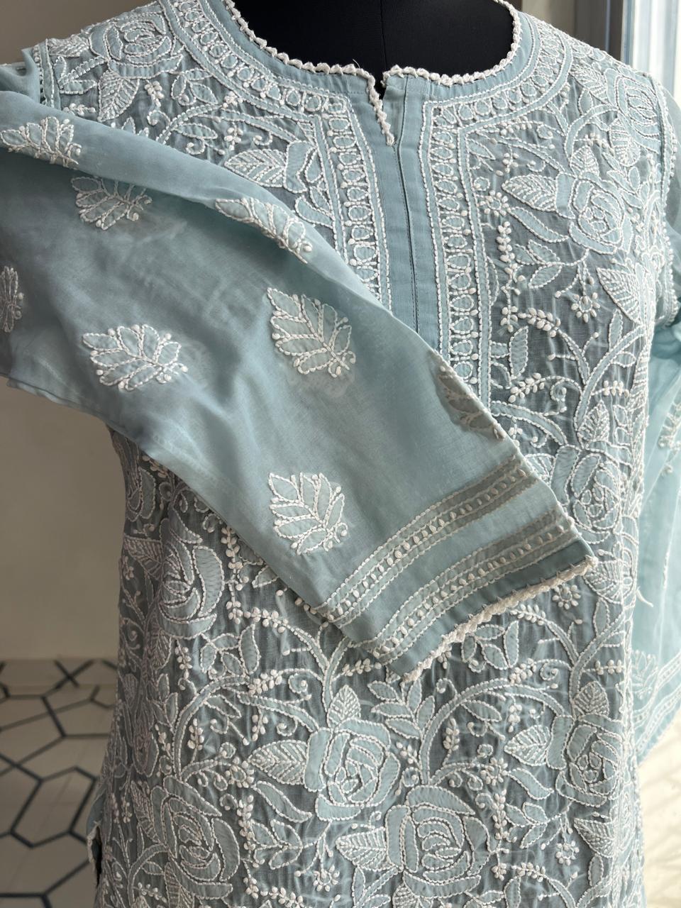 Grey Cotton Rose Jaal kurti