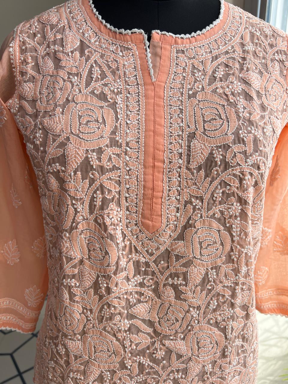 Peach Cotton Rose Kurti