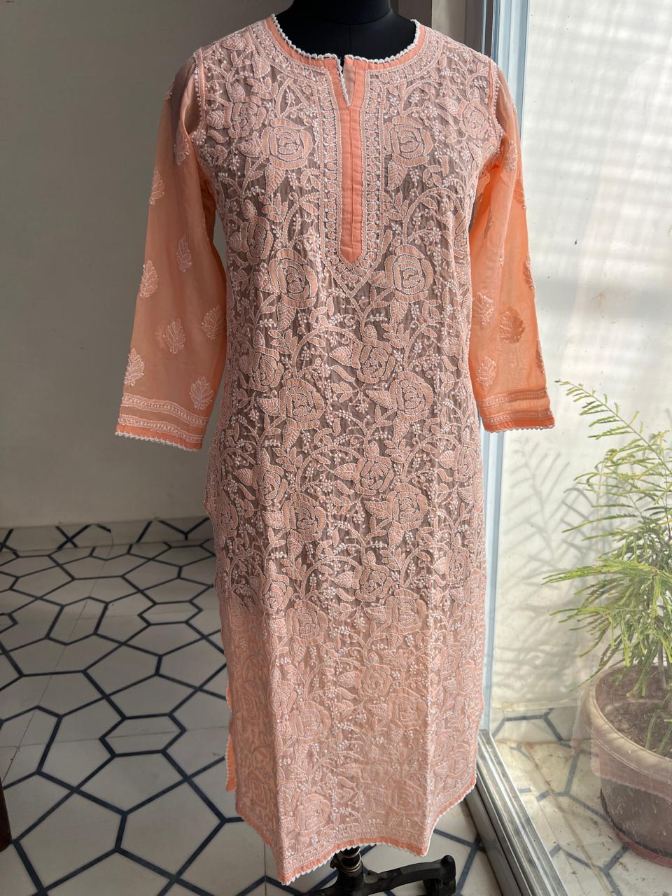 Peach Cotton Rose Kurti