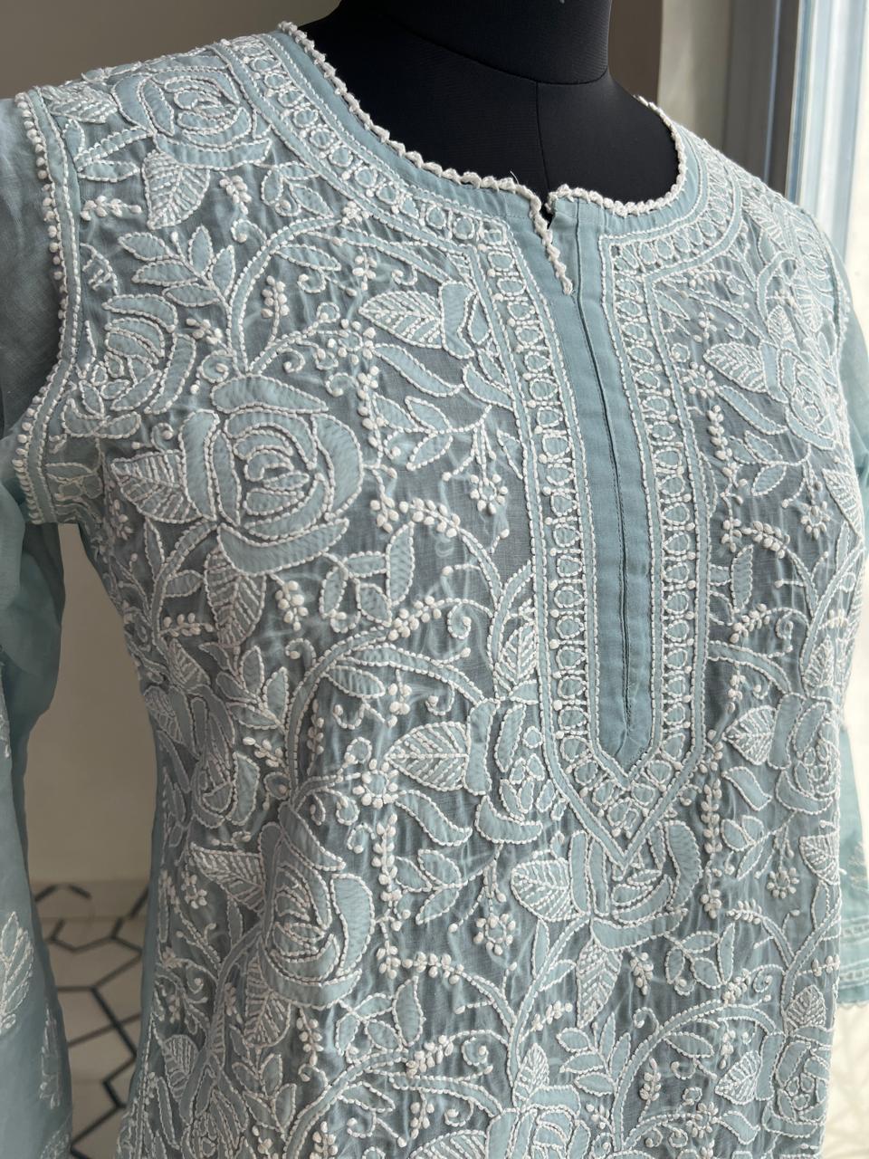 Grey Cotton Rose Jaal kurti