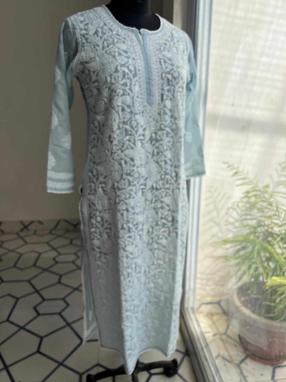 Grey Cotton Rose Jaal kurti