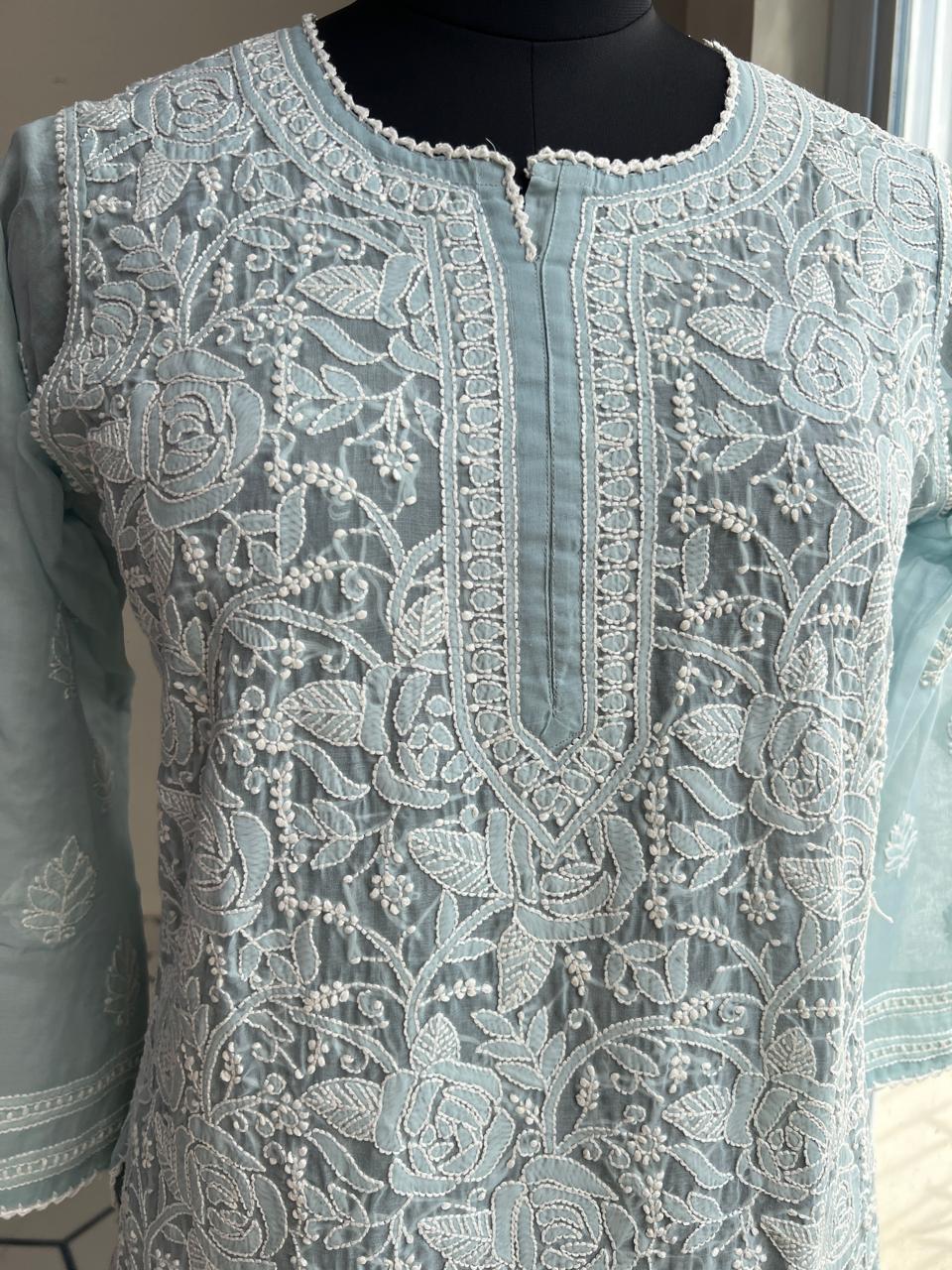 Grey Cotton Rose Jaal kurti