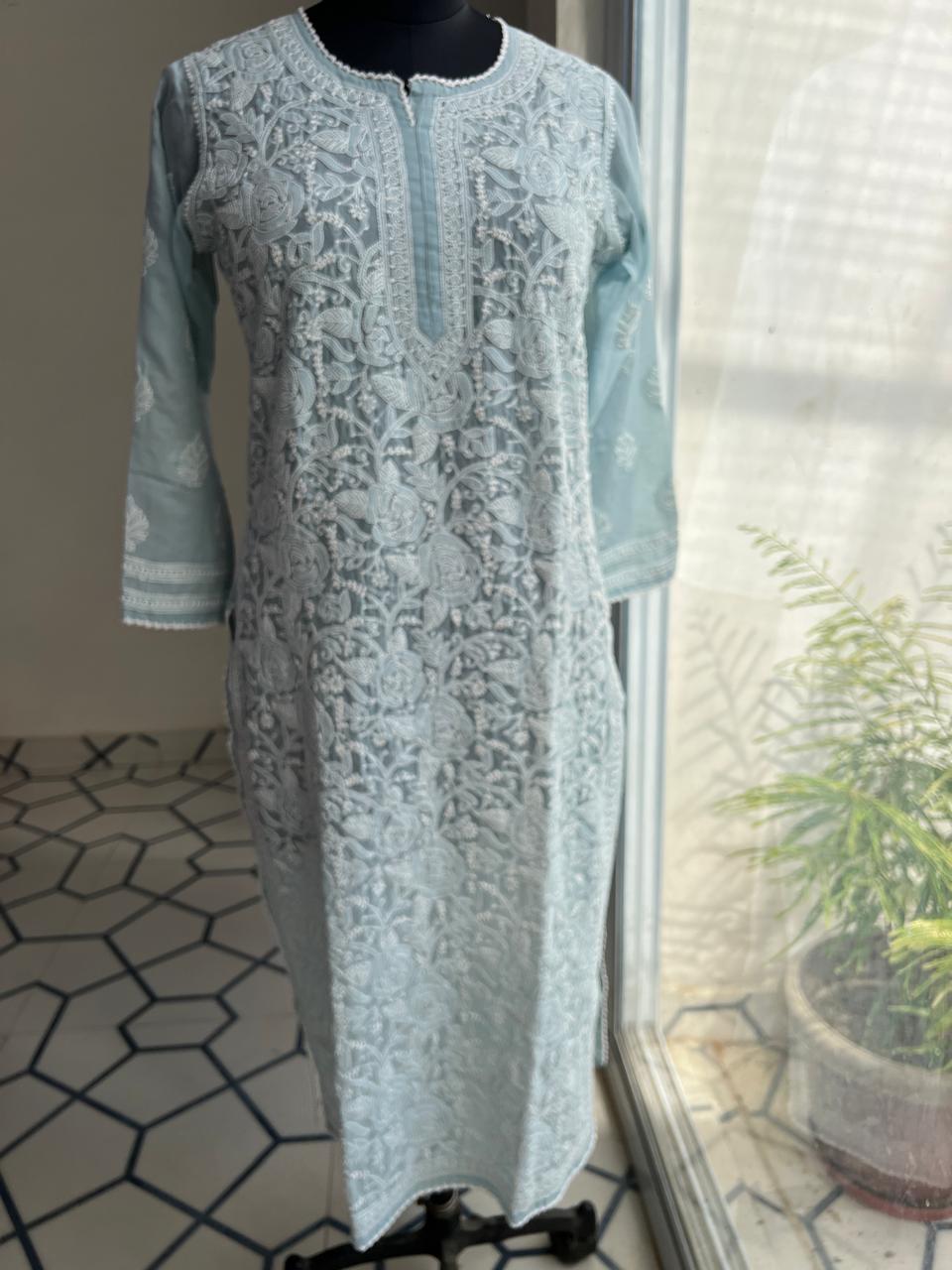Grey Cotton Rose Jaal kurti