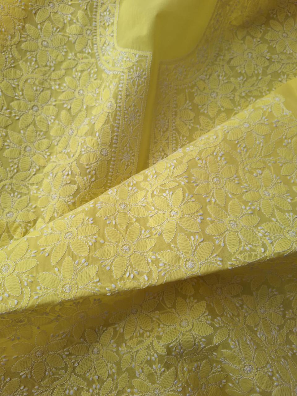 Mango Yellow Floral Chikanakri Kurta fabric