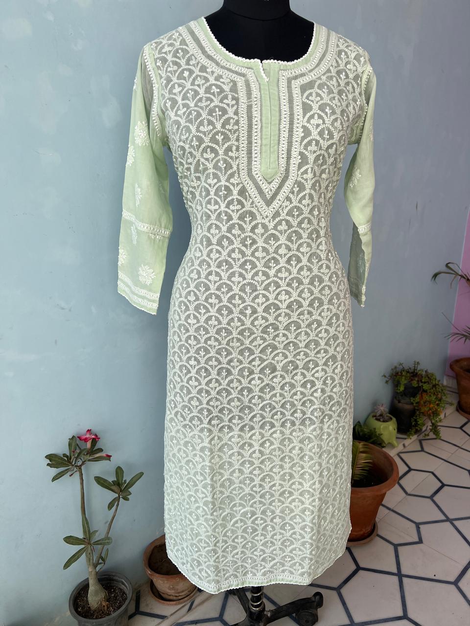 Sage Green Soft Cotton Fish scale Jaalwork Ready to wear kurta