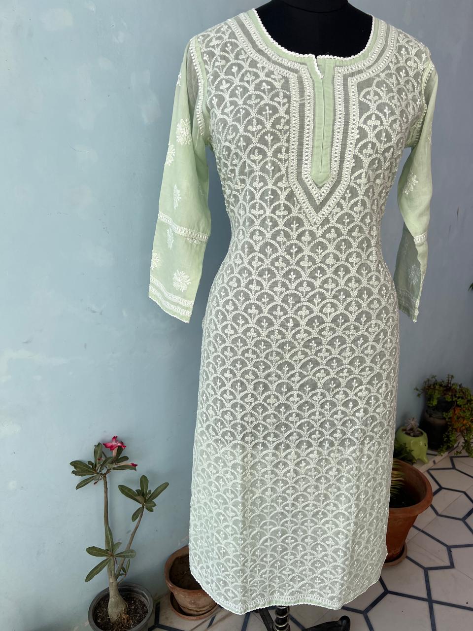 Sage Green Soft Cotton Fish scale Jaalwork Ready to wear kurta
