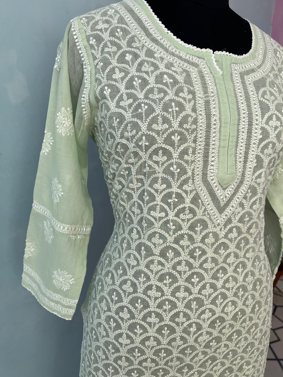 Sage Green Soft Cotton Fish scale Jaalwork Ready to wear kurta