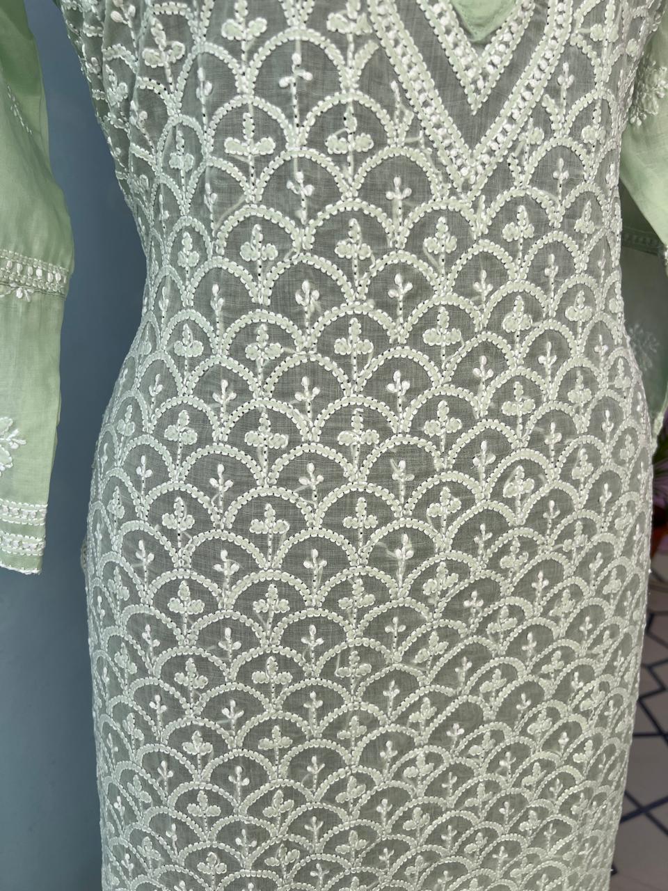 Sage Green Soft Cotton Fish scale Jaalwork Ready to wear kurta