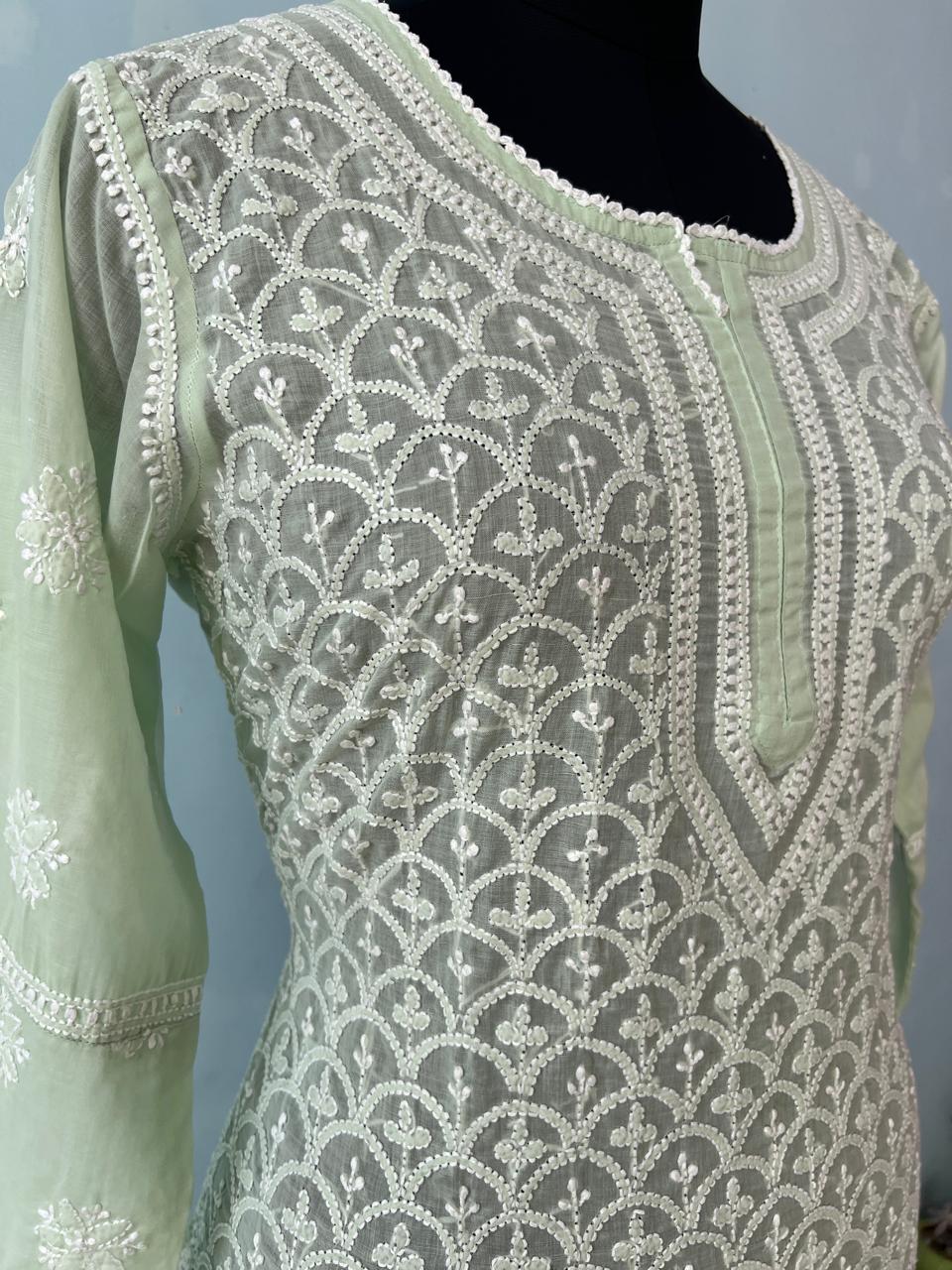 Sage Green Soft Cotton Fish scale Jaalwork Ready to wear kurta