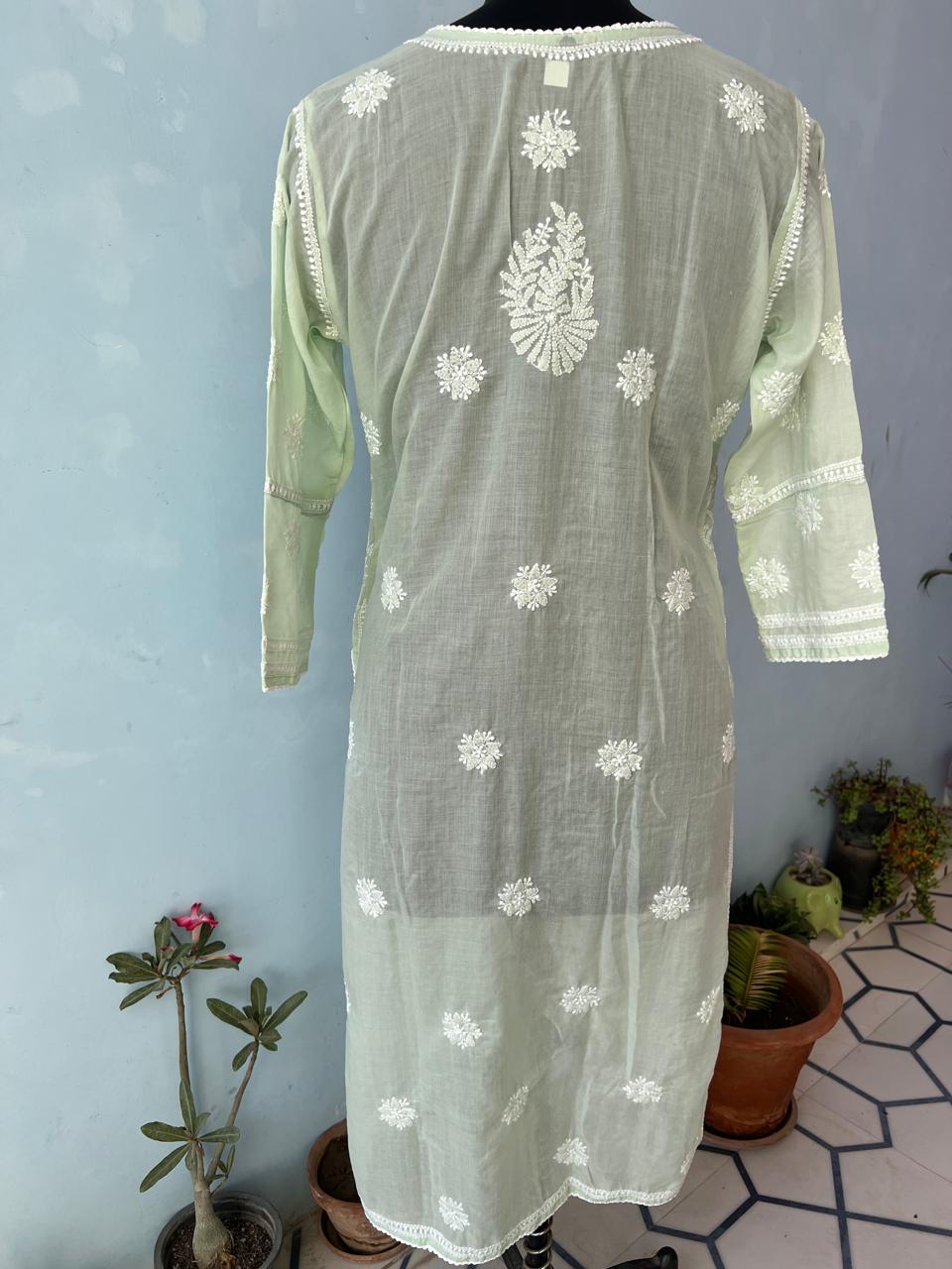 Sage Green Soft Cotton Fish scale Jaalwork Ready to wear kurta