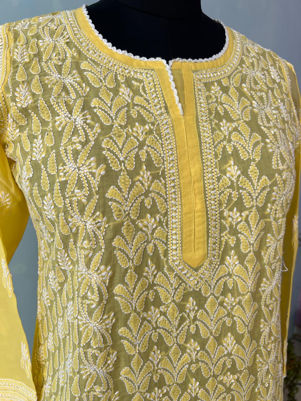 Mango Yellow hand embroidered Kurti