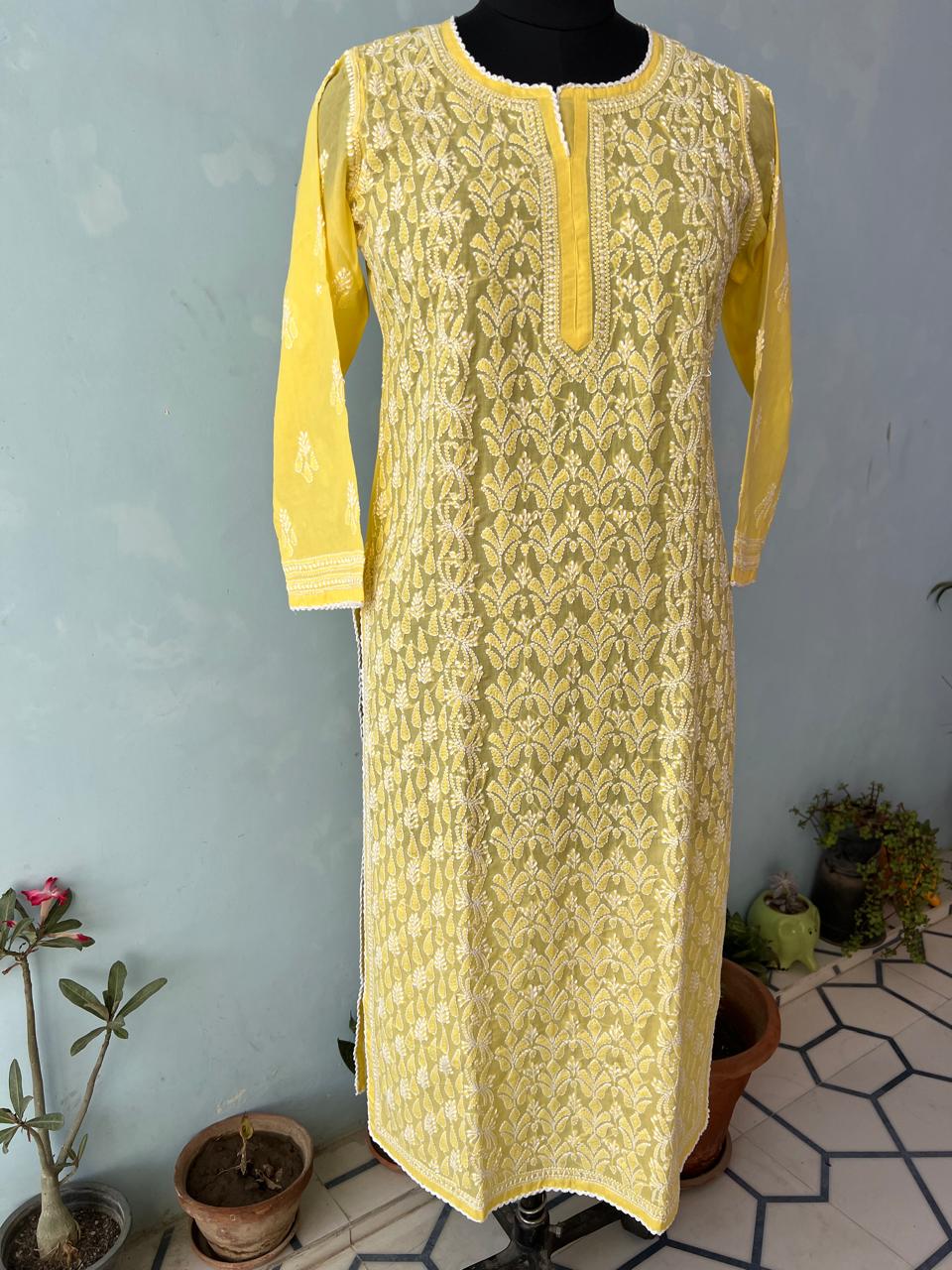Mango Yellow hand embroidered Kurti