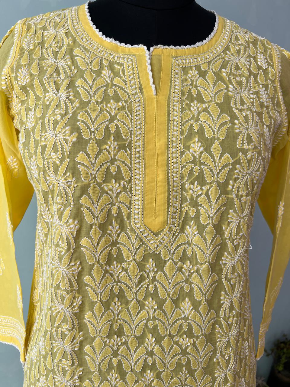 Mango Yellow hand embroidered Kurti