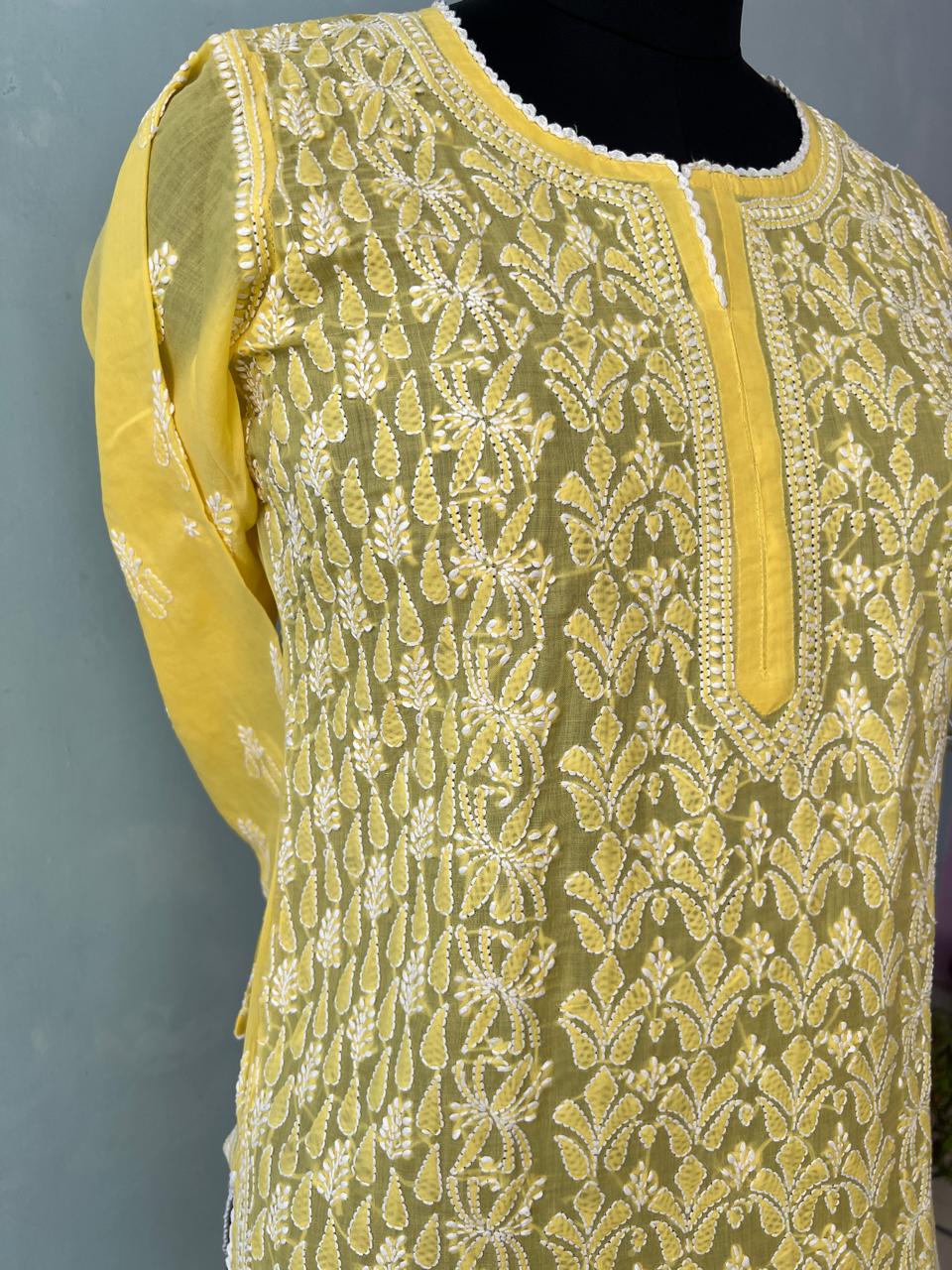 Mango Yellow hand embroidered Kurti