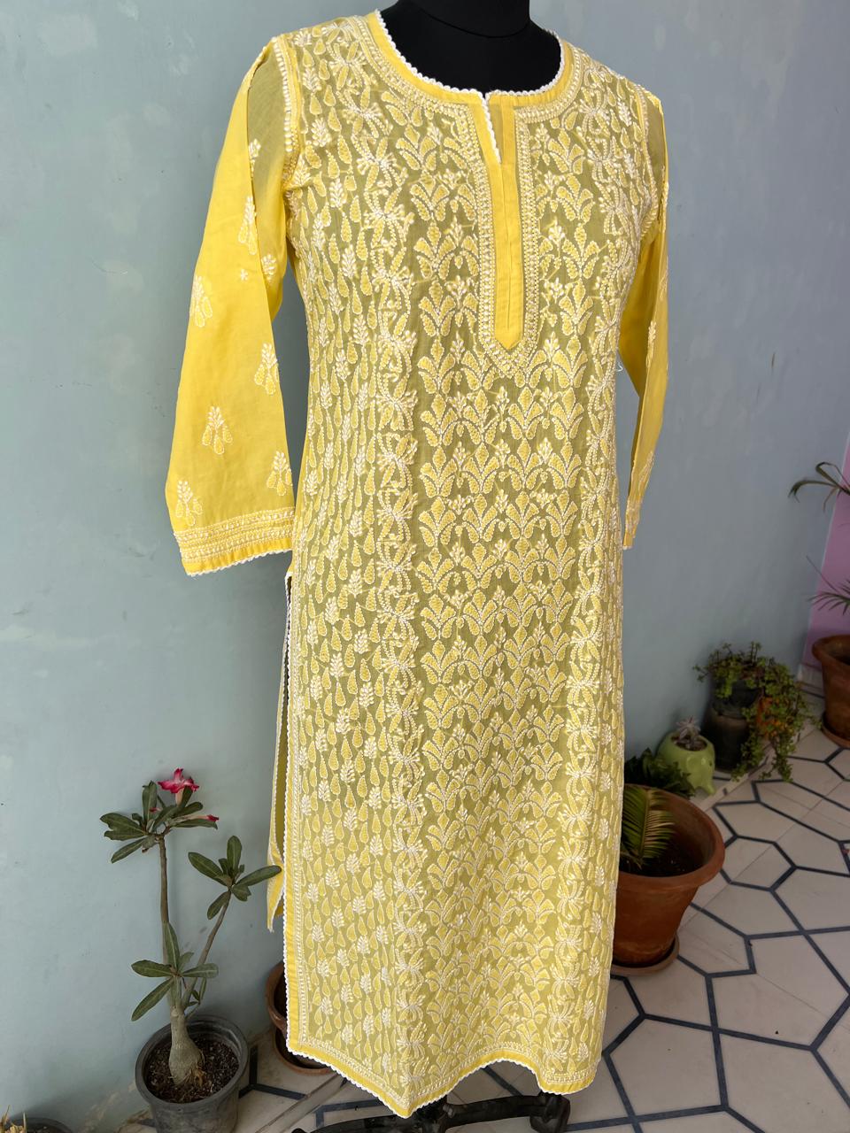 Mango Yellow hand embroidered Kurti
