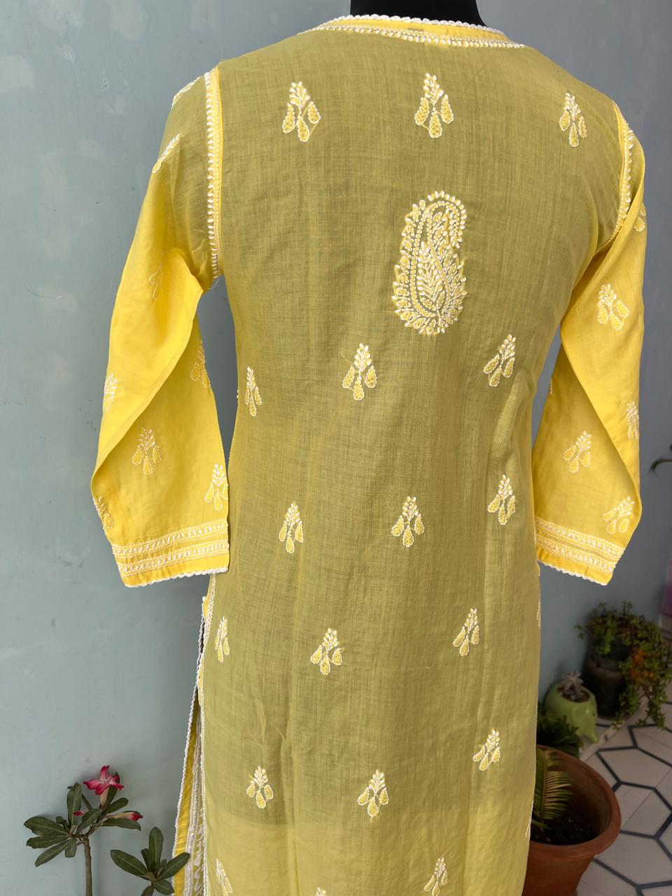Mango Yellow hand embroidered Kurti