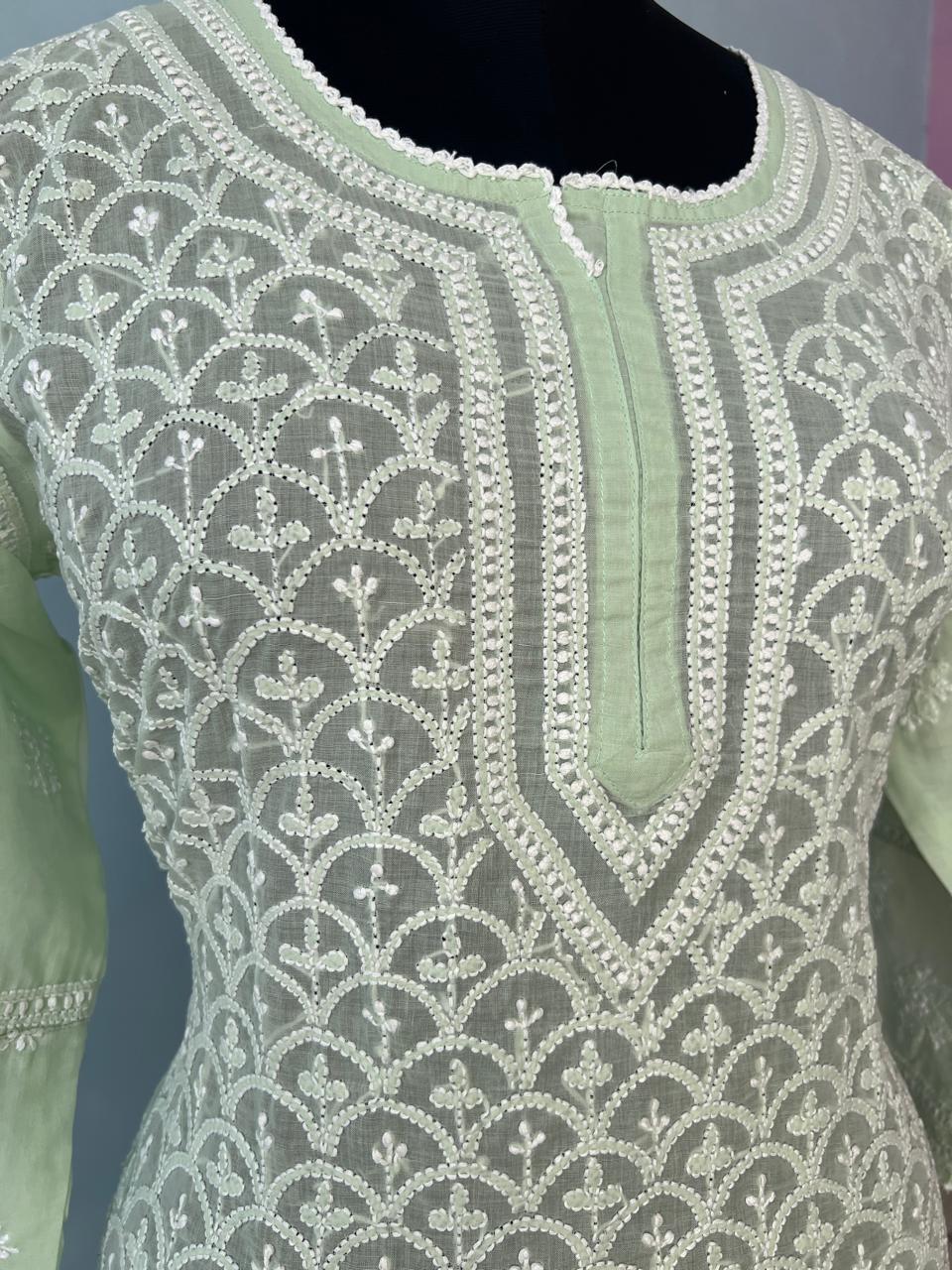 Sage Green Soft Cotton Fish scale Jaalwork Ready to wear kurta