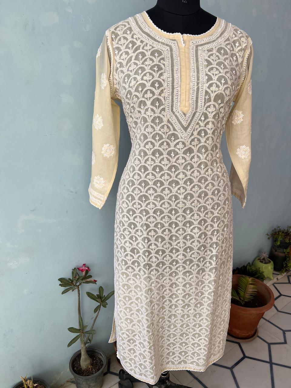 Light Beige Color soft cotton fish scale Ready to wear Kurti