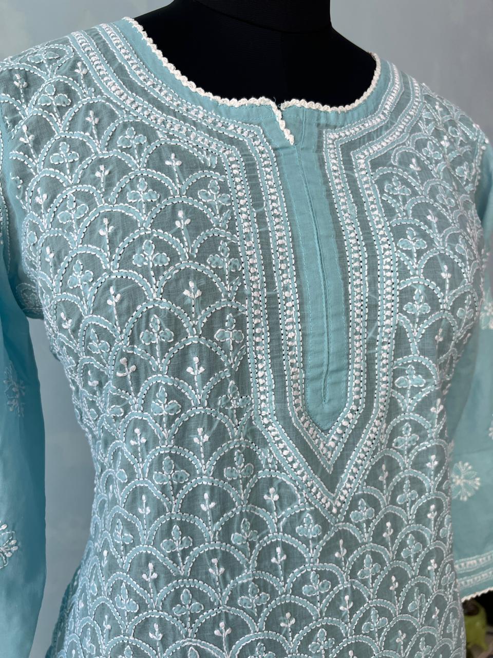 Blue Cotton Jaalwork Kurta