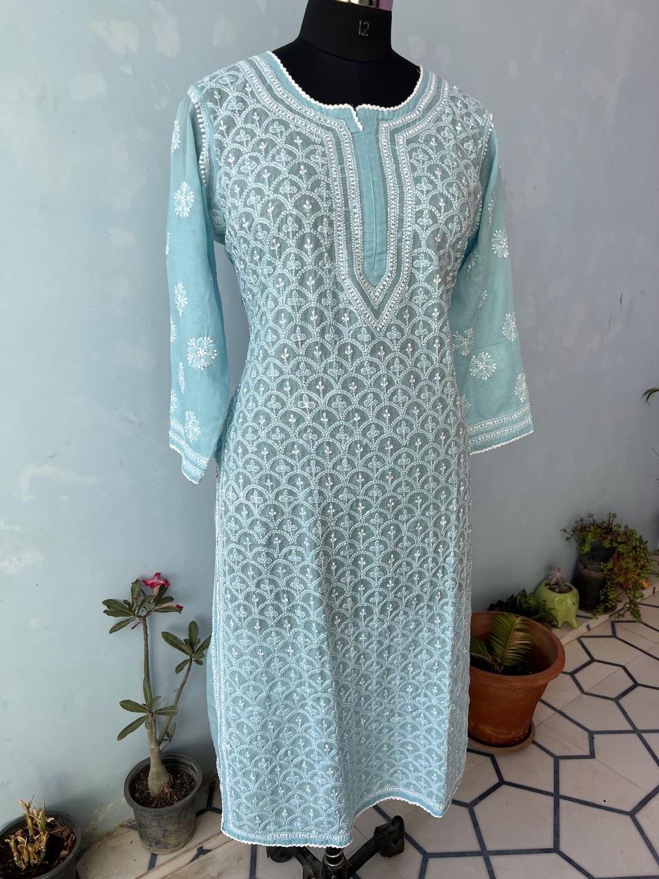 Blue Cotton Jaalwork Kurta