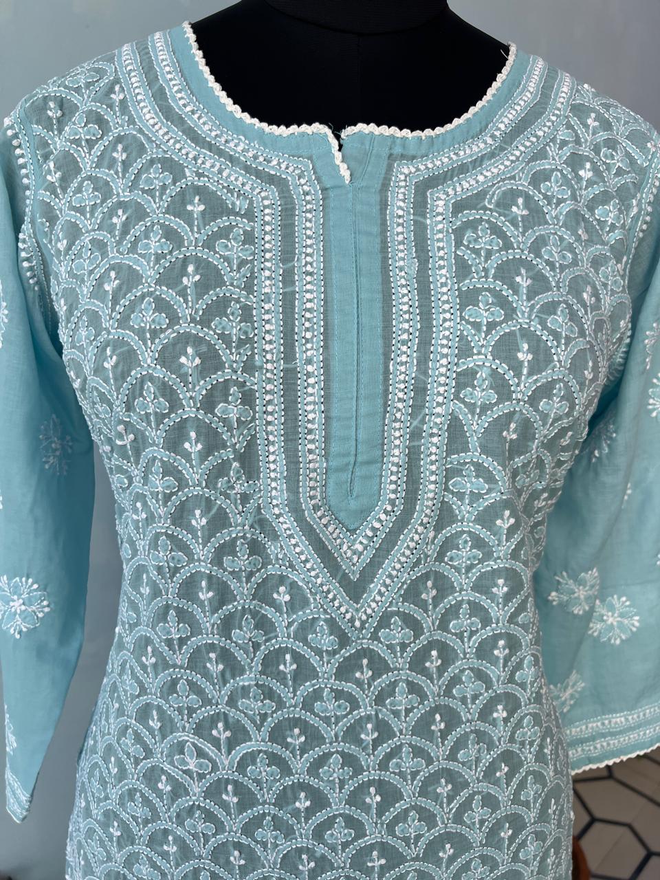 Blue Cotton Jaalwork Kurta