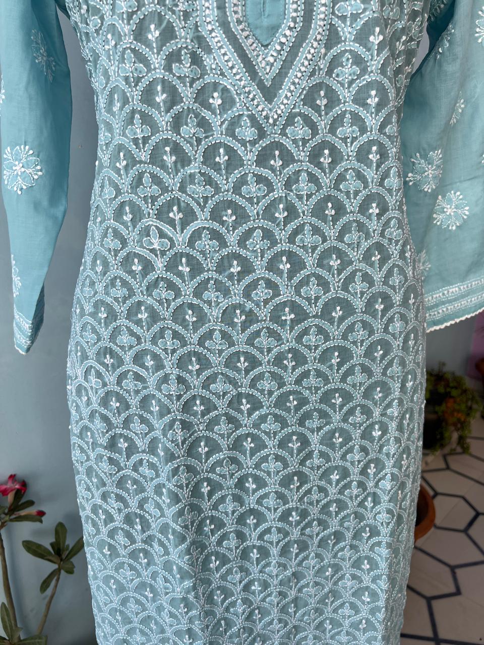 Blue Cotton Jaalwork Kurta