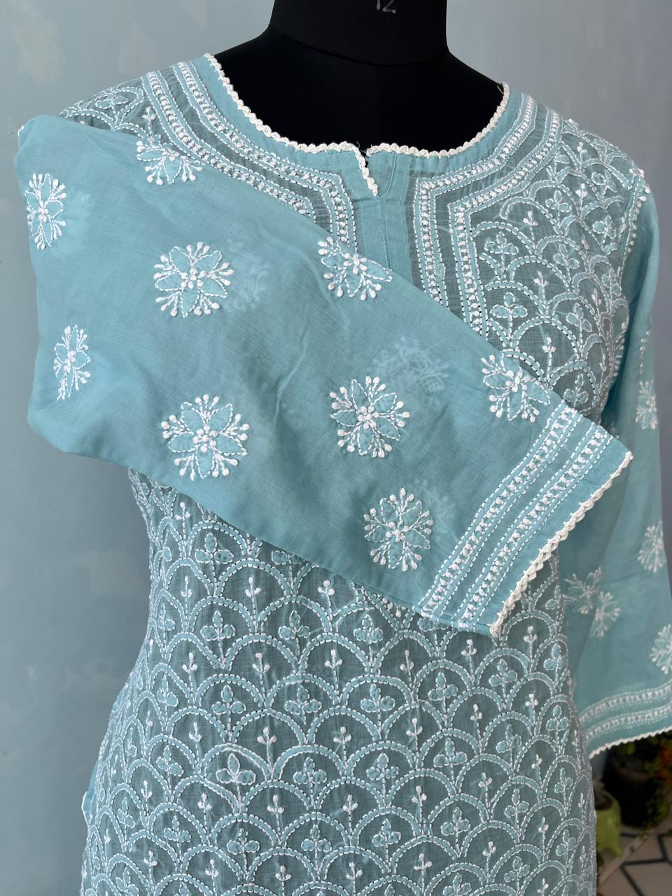 Blue Cotton Jaalwork Kurta