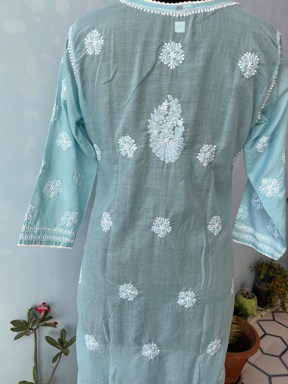 Blue Cotton Jaalwork Kurta