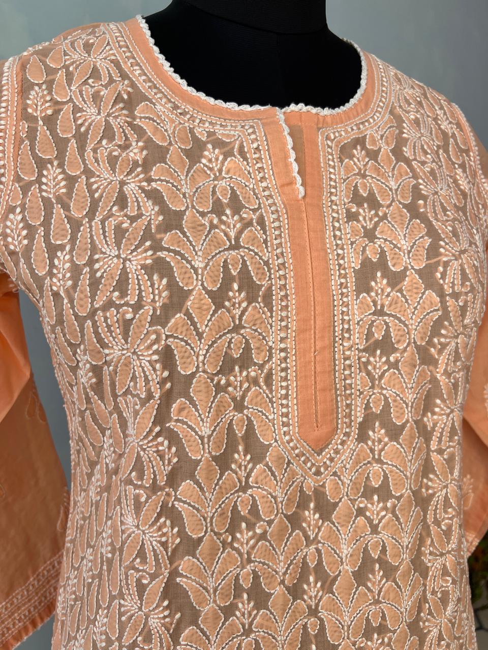 Peach Cotton Hand embroidered Kurti