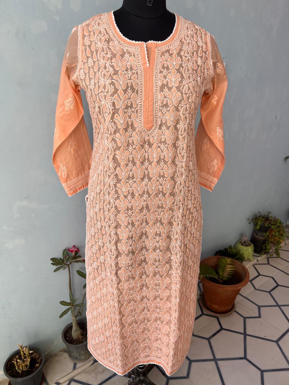 Peach Cotton Hand embroidered Kurti