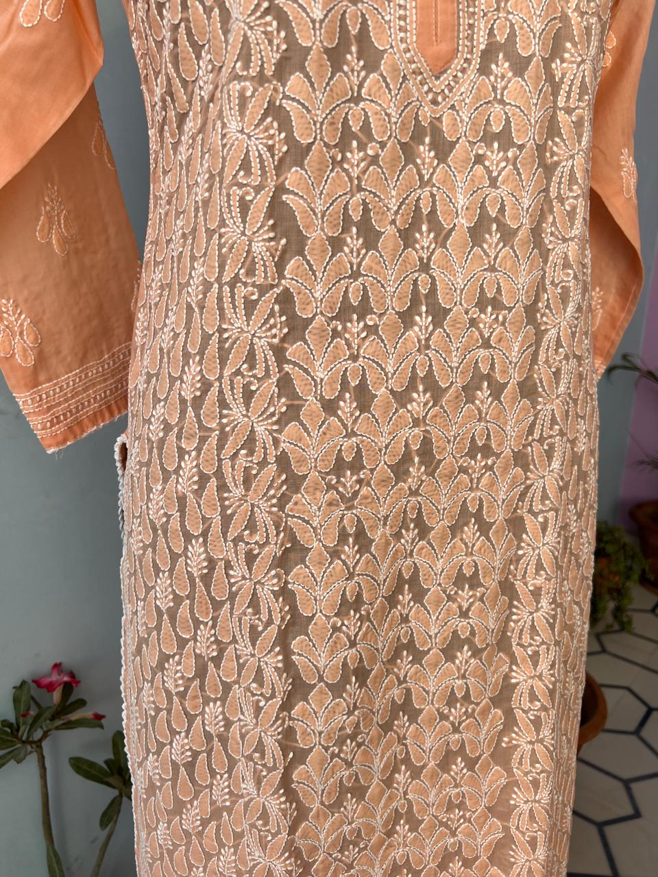 Peach Cotton Hand embroidered Kurti