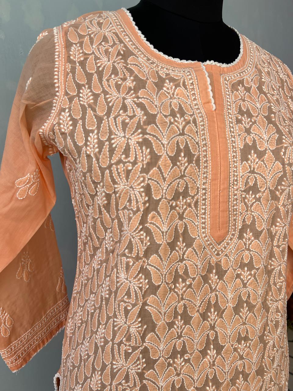 Peach Cotton Hand embroidered Kurti