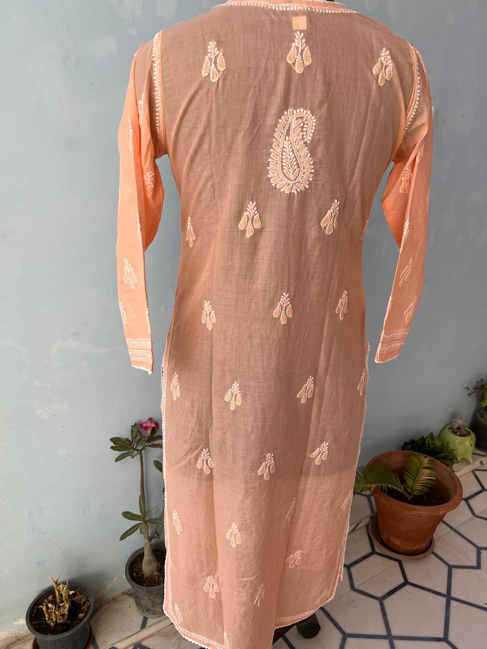 Peach Cotton Hand embroidered Kurti
