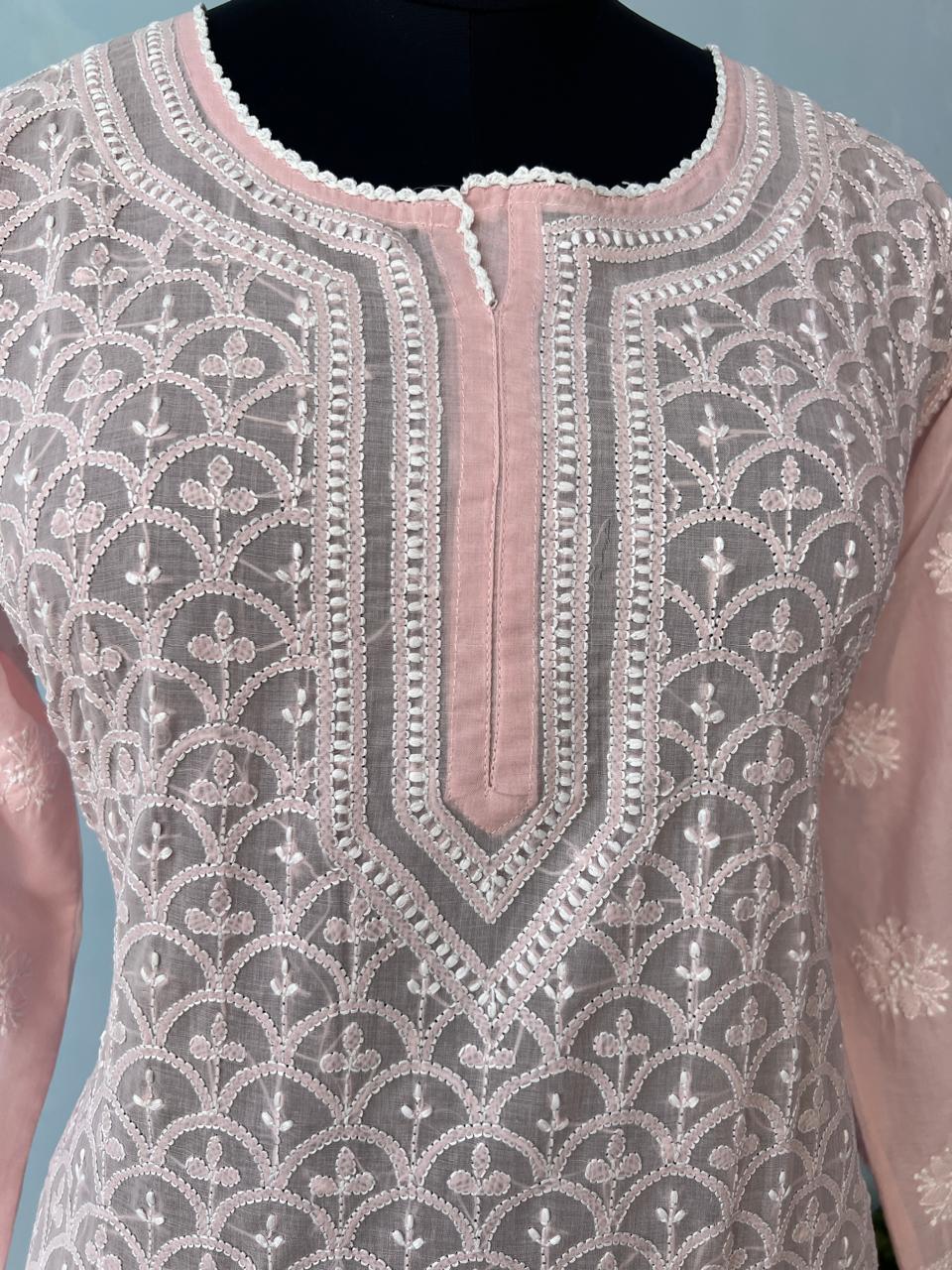 Rose Pink Soft Cotton kurta with Fish scale Handwork