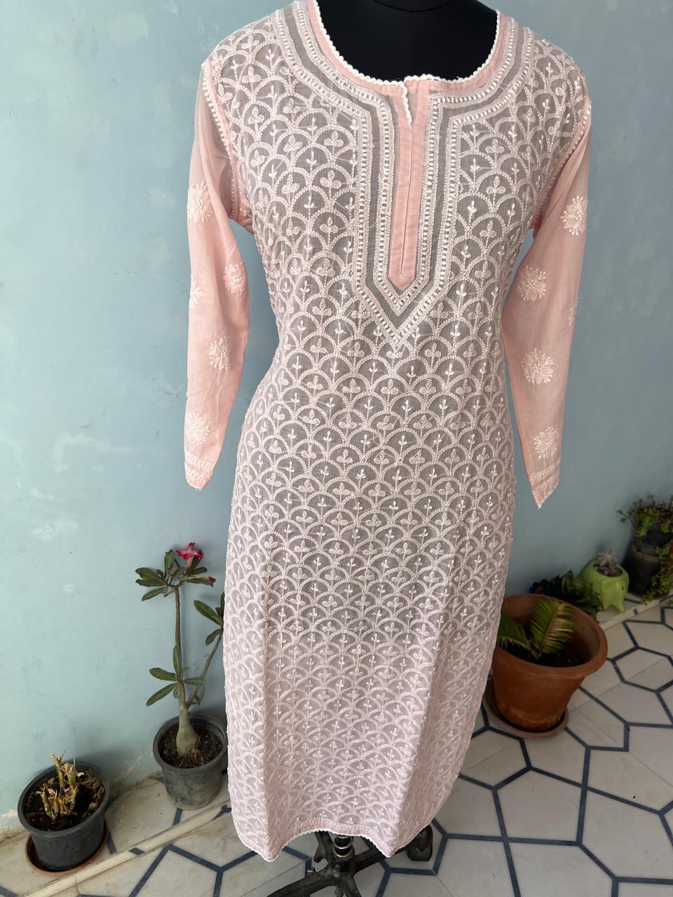 Rose Pink Soft Cotton kurta with Fish scale Handwork