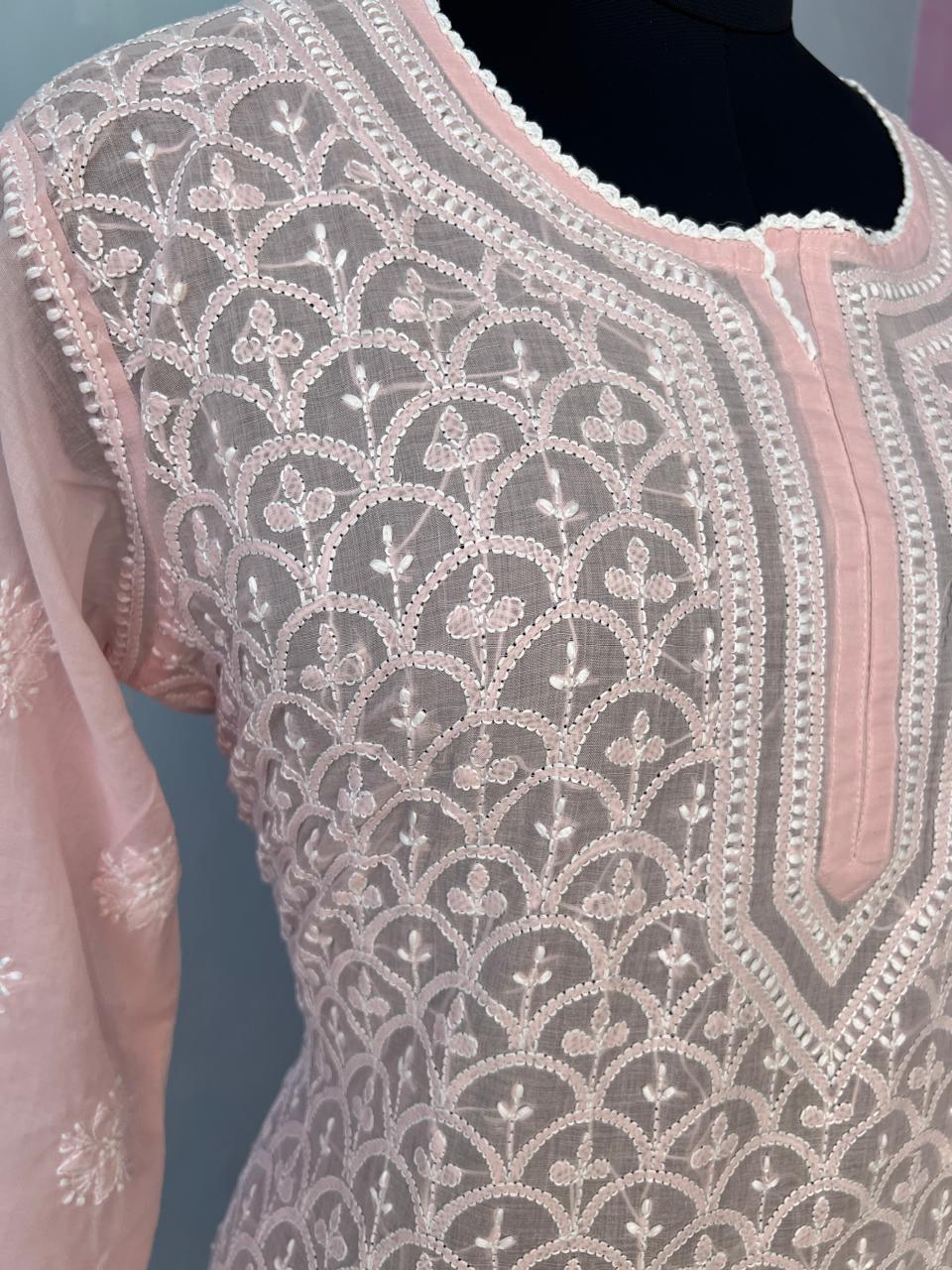 Rose Pink Soft Cotton kurta with Fish scale Handwork